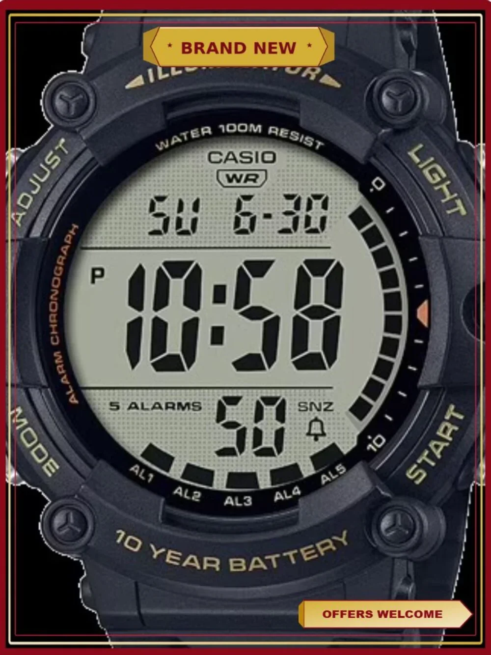 Men's Wide Face Digital Watch with Extra Long Resin Strap, 100m Water Resistant